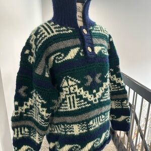 Unisex Aztec Navy and Forest Green Wool Sweater